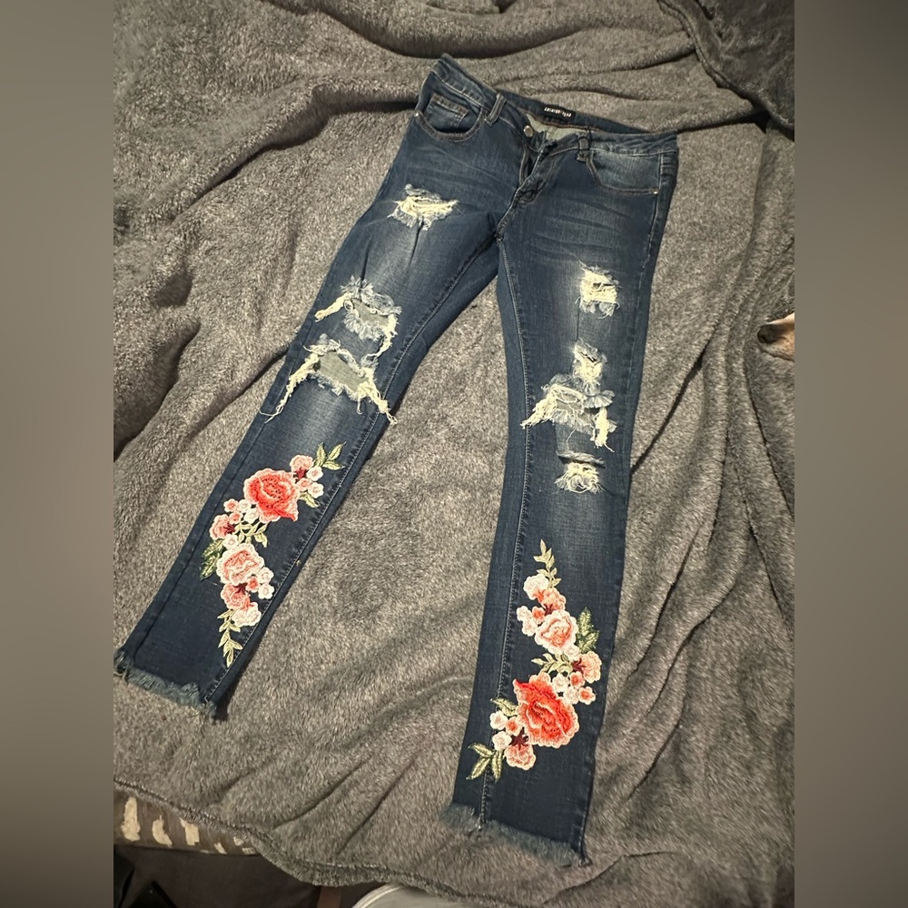 Fashion Nova Distressed Blue Jeans with Floral Embroidery